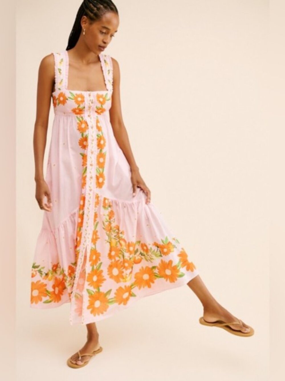 Farm Rio Papaya Salad Maxi Dress Pink Floral Button Front Back Bow M